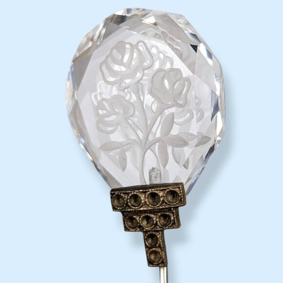 Antique Art Deco Etched Crystal Floral Hat Pin - Picture 2 of 8